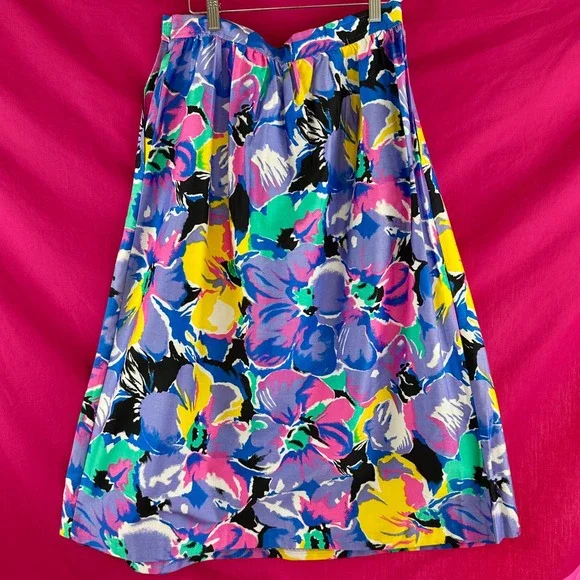 Vintage 80s 90s Floral Pleated Midi Long Skirt Lavender Pink Teal Cotton Size 14 - Picture 17 of 17